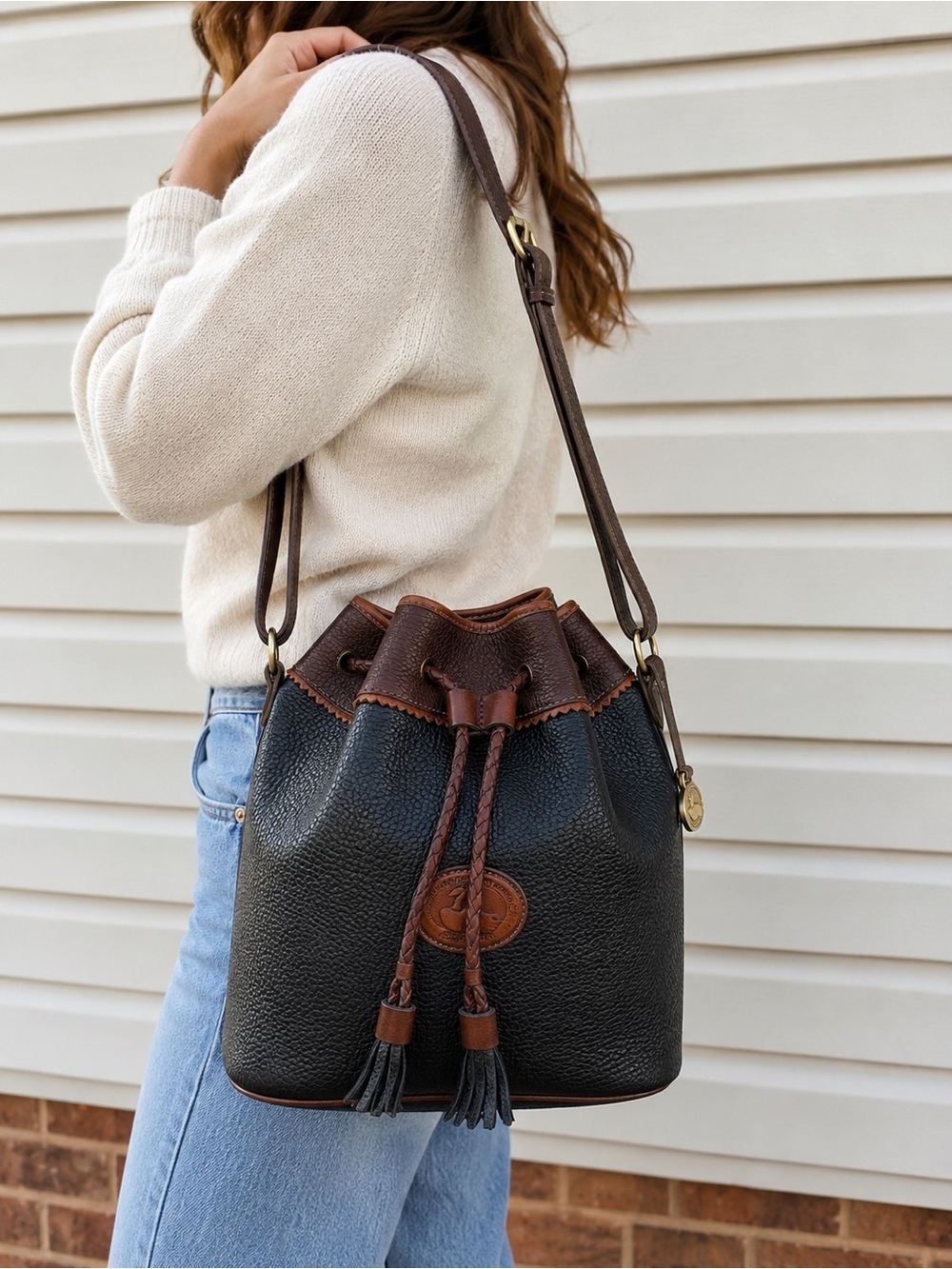 Vintage Dooney & Bourke All Weather Leather Black Brown Drawstring Bucket Bag